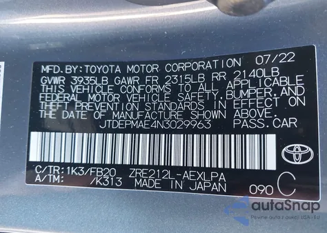 2022 Toyota Corolla Le z USA, uszkodzony, nr VIN JTDEPMAE4N3029963